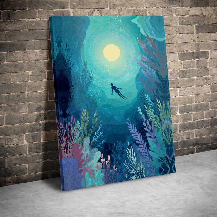 Underwater Dreamscape Canvas Wall Art | Abstract Swimmer & Coral Reef Illustration | Premium Gallery Wrapped Canvas | Modern Home Decor Gift