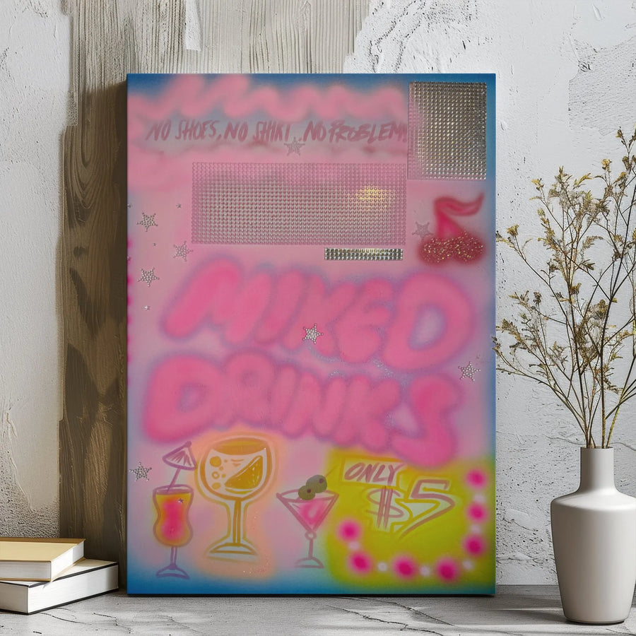 Mixed Drinks Wall Art Canvas | Retro Airbrush Aesthetic Bar Decor | 1.25-Inch Gallery Wrap Premium Print | Fun Kitchen & Home Bar Gift for Drink Lovers