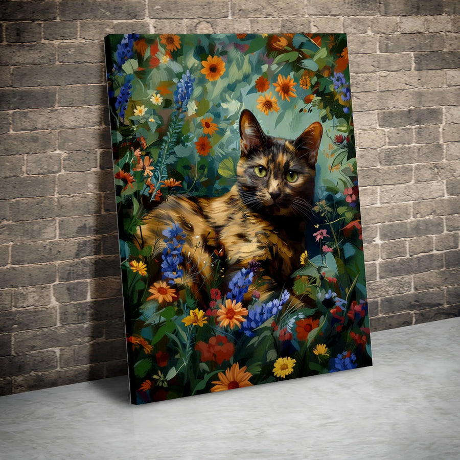 Tortoiseshell Cat Wall Art | Floral Meadow Painting Print | 1.25-Inch Gallery Wrapped Canvas | Premium Gift for Cat Lovers