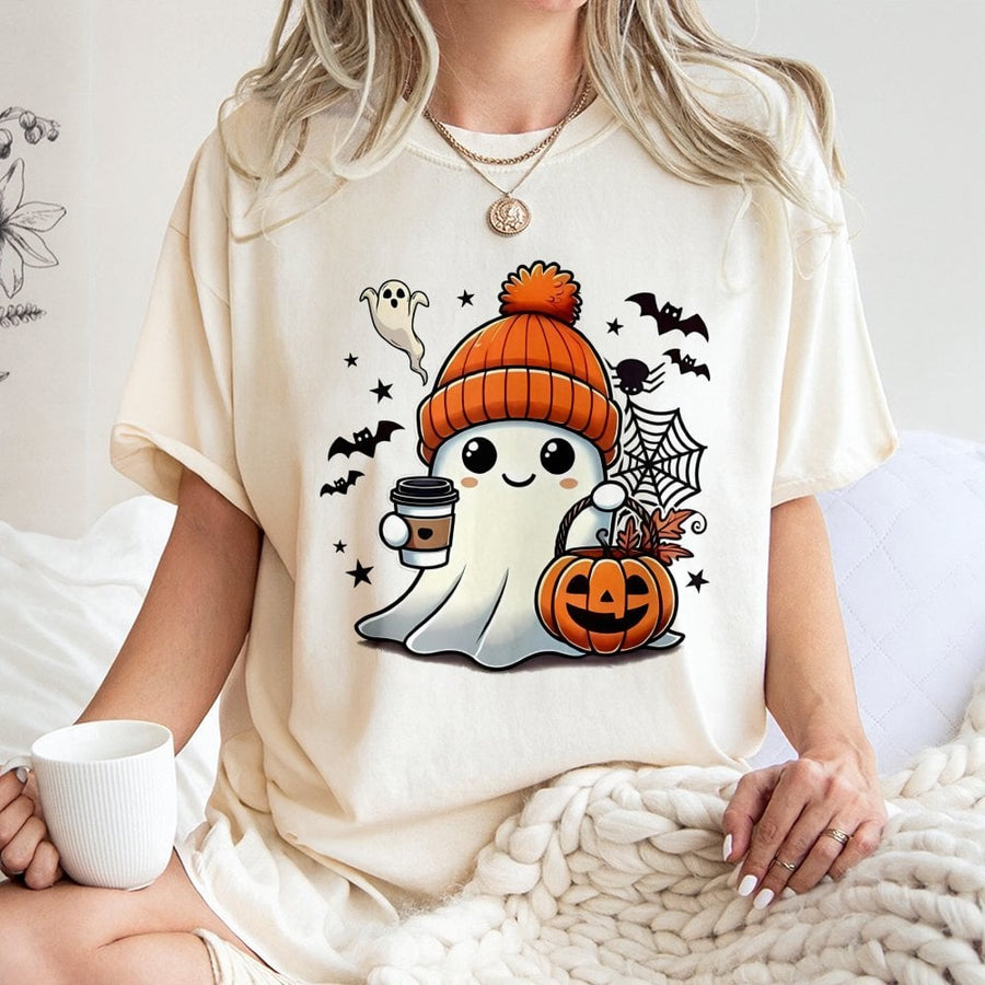 Cute Ghost T-Shirt | Halloween Pumpkin Coffee Graphic Tee | Premium 100% Cotton Shirt | Spooky Season Gift For Coffee Lovers