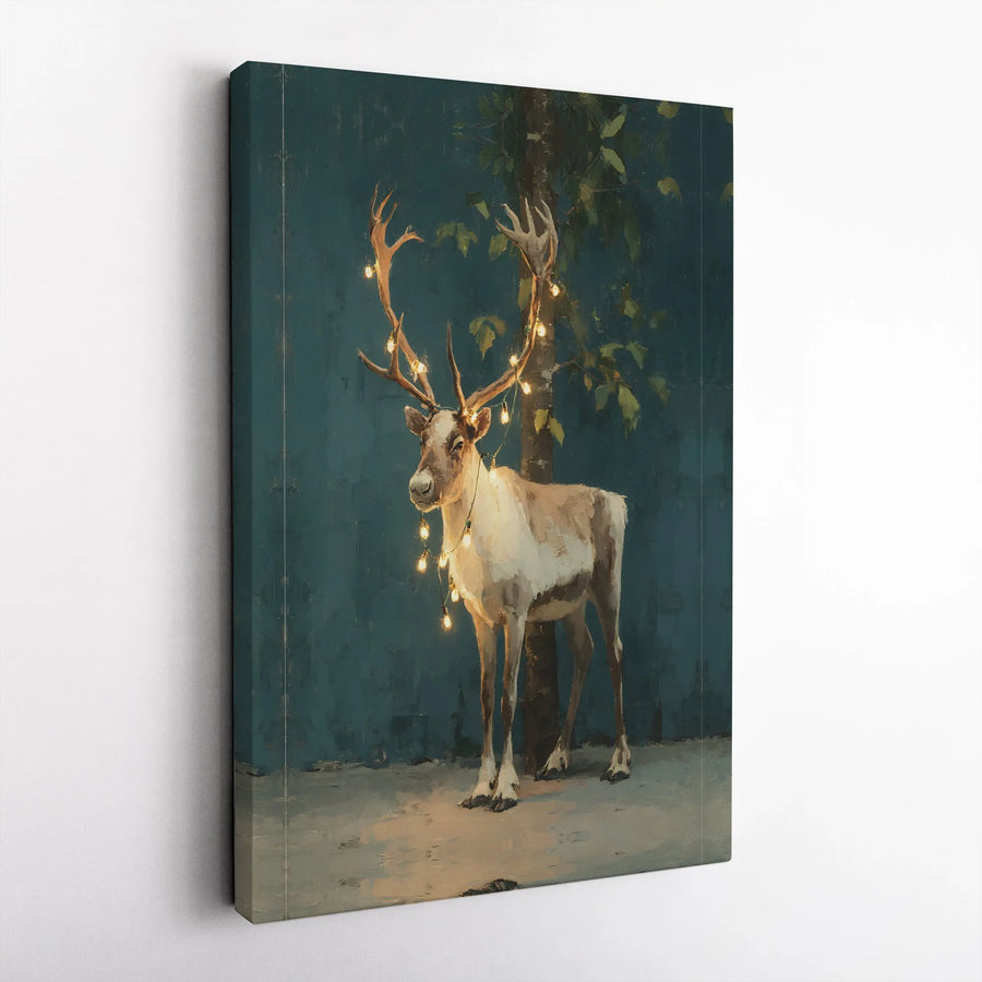 Reindeer Canvas Wall Art | Whimsical Christmas Lights Forest Decor | Premium Gallery Wrap Stretched Print | Festive Holiday Home Decor Gift