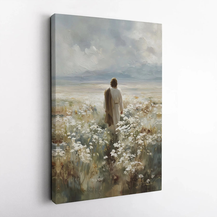 Jesus Canvas Wall Art | Jesus Walking in Field of Flowers Print | Premium Christian Painting | Inspirational Religious Home Decor Gift