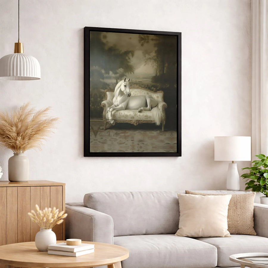 White Horse Wall Art | Vintage Victorian Sofa Portrait | Premium Gallery Wrapped Canvas | Elegant Equestrian Home Decor Gift