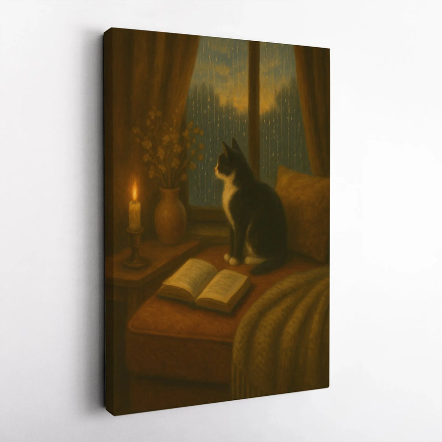 Tuxedo Cat Canvas Art | Rainy Window Reading Scene with Candle | Premium Gallery Wrap Print | Cozy Cottagecore Decor for Cat Lovers
