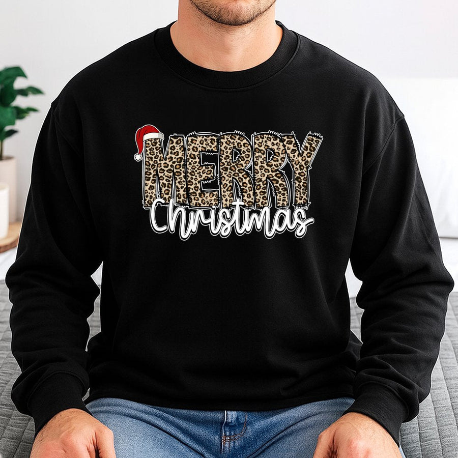 Merry Christmas Sweatshirt | Leopard Print Letters with Santa Hat | Premium Cotton Blend | Cozy Holiday Gift for Women and Men