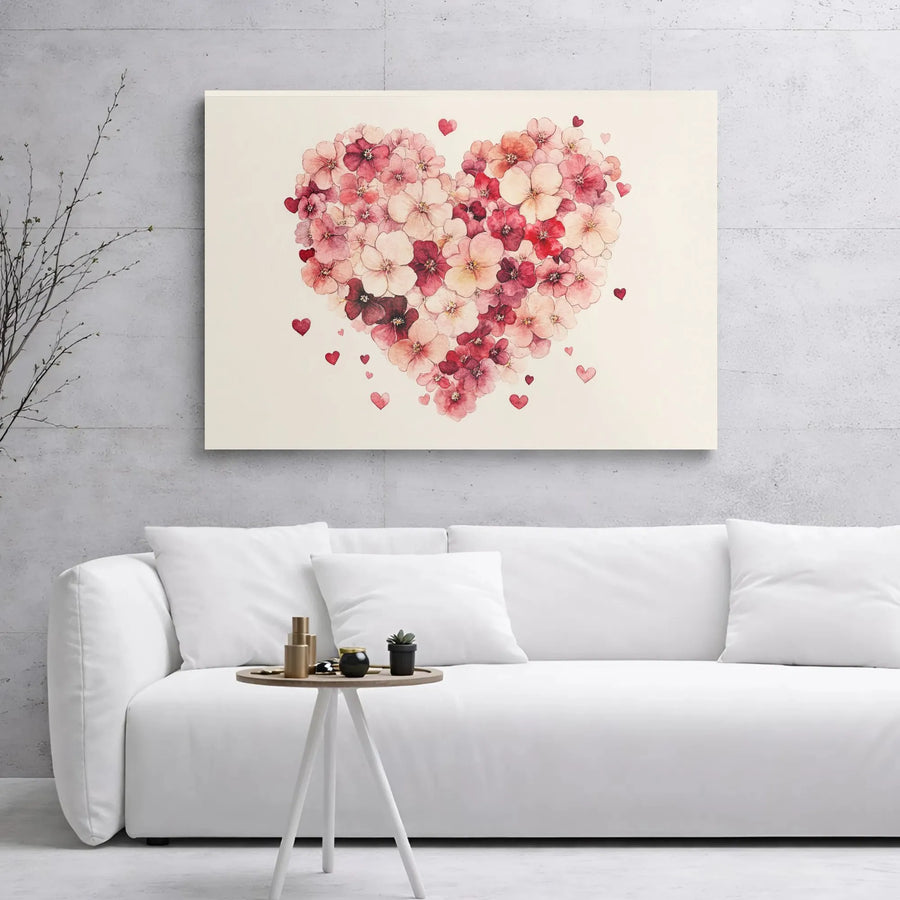 Floral Heart Canvas Wall Art | Watercolor Pink Flower Illustration | 1.25 Inch Gallery Wrap | Romantic Home Decor Gift