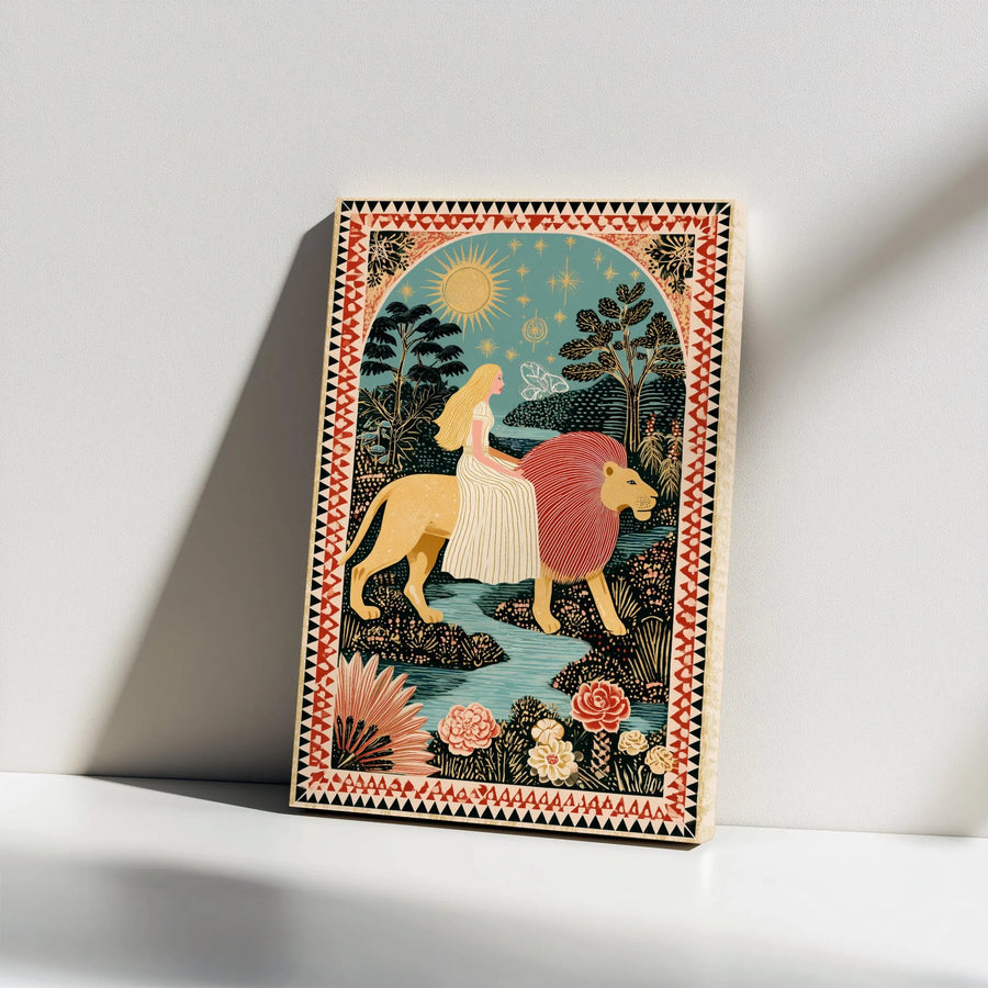 Strength Tarot Card Vertical Canvas | Whimsical Woman Riding Lion Folk Art Illustration | Premium 1.25-Inch Frameless Gallery Wrap | Mystical Celestial Gift for Boho Home Decor
