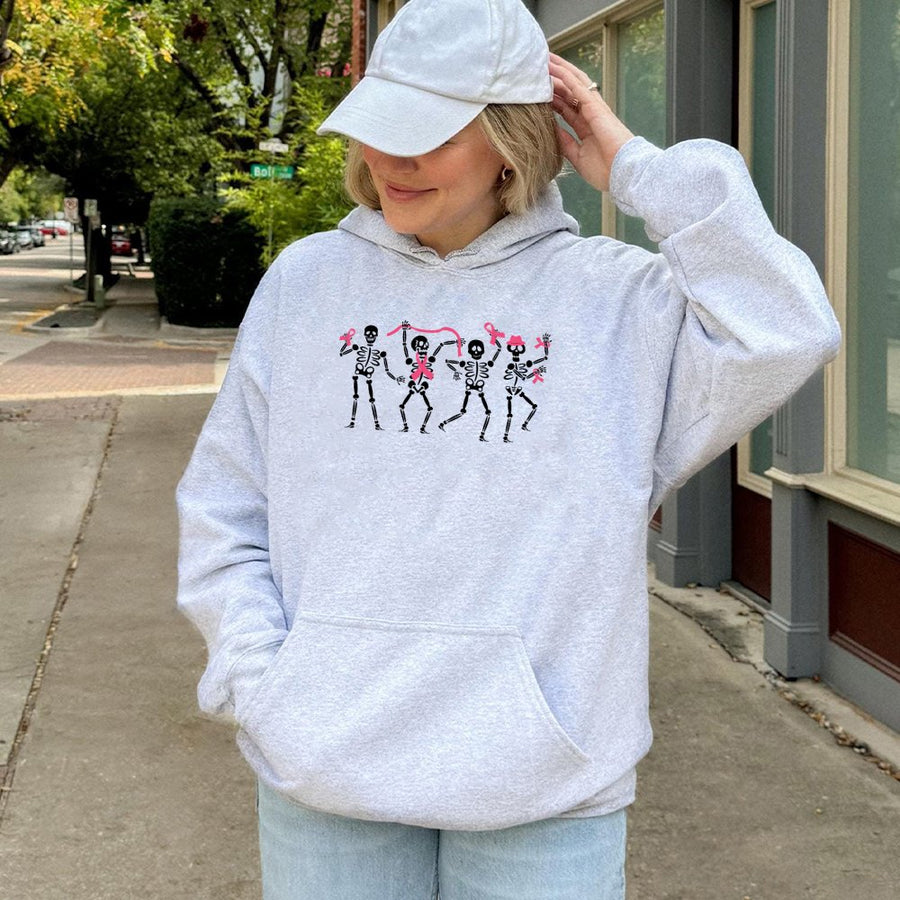 Dancing Skeletons Breast Cancer Awareness Hoodie | Pink Ribbon Graphic Print | Premium Cotton-Poly Blend | Supportive Gift for Survivors & Warriors
