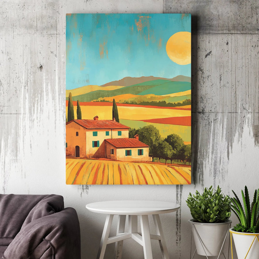 Tuscan Landscape Vertical Canvas | Modern Italian Villa Painting | Premium Frameless Print | Living Room Wall Decor Housewarming Gift
