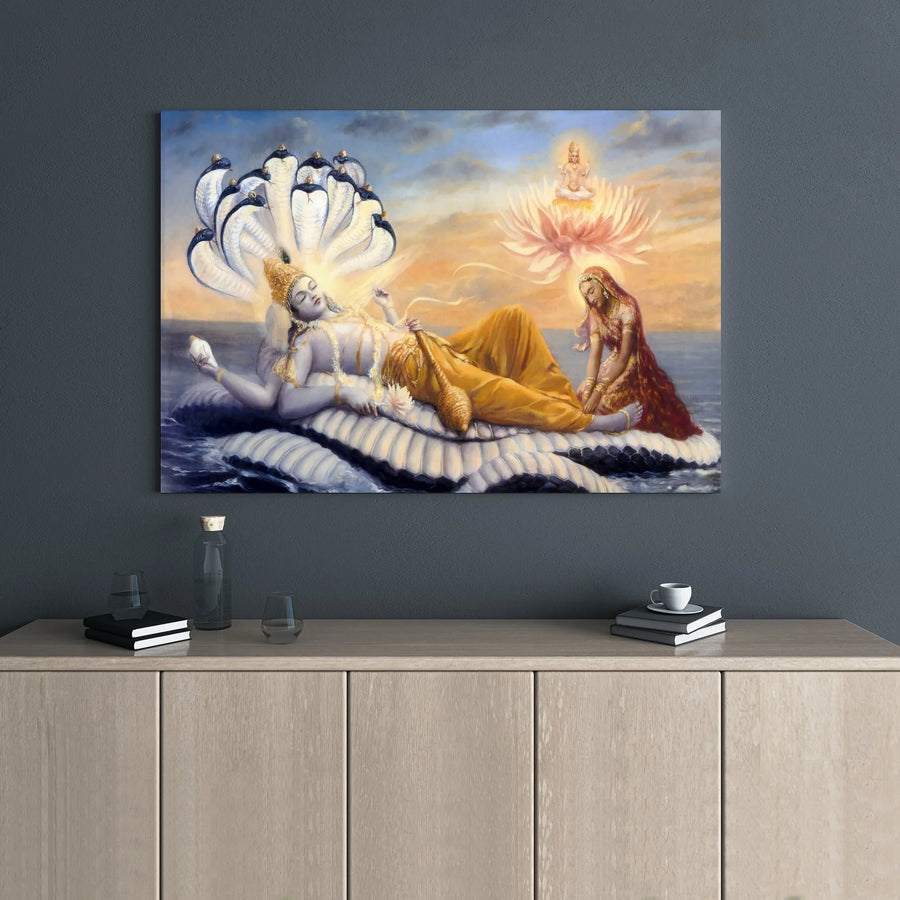 Lord Vishnu Canvas Art | Reclining On Shesha Naga With Lakshmi | Gallery Wrap Premium Print | Spiritual Home Decor Gift