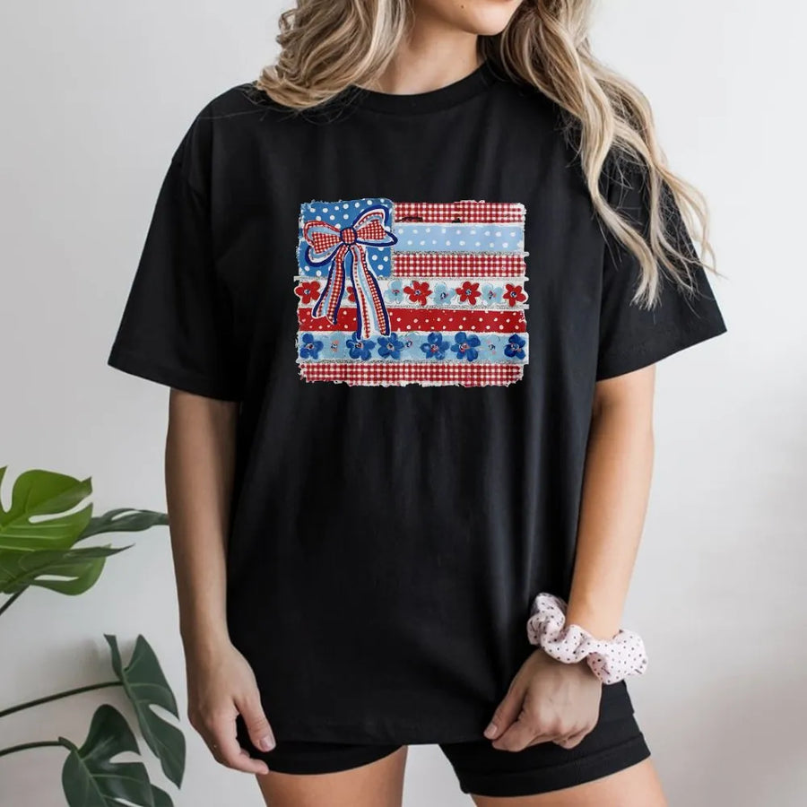 Coquette American Flag T-Shirt | Patriotic Bow & Ditsy Floral USA Flag | Soft Cotton Blend Sweatshirt | 4th of July Gift for Her