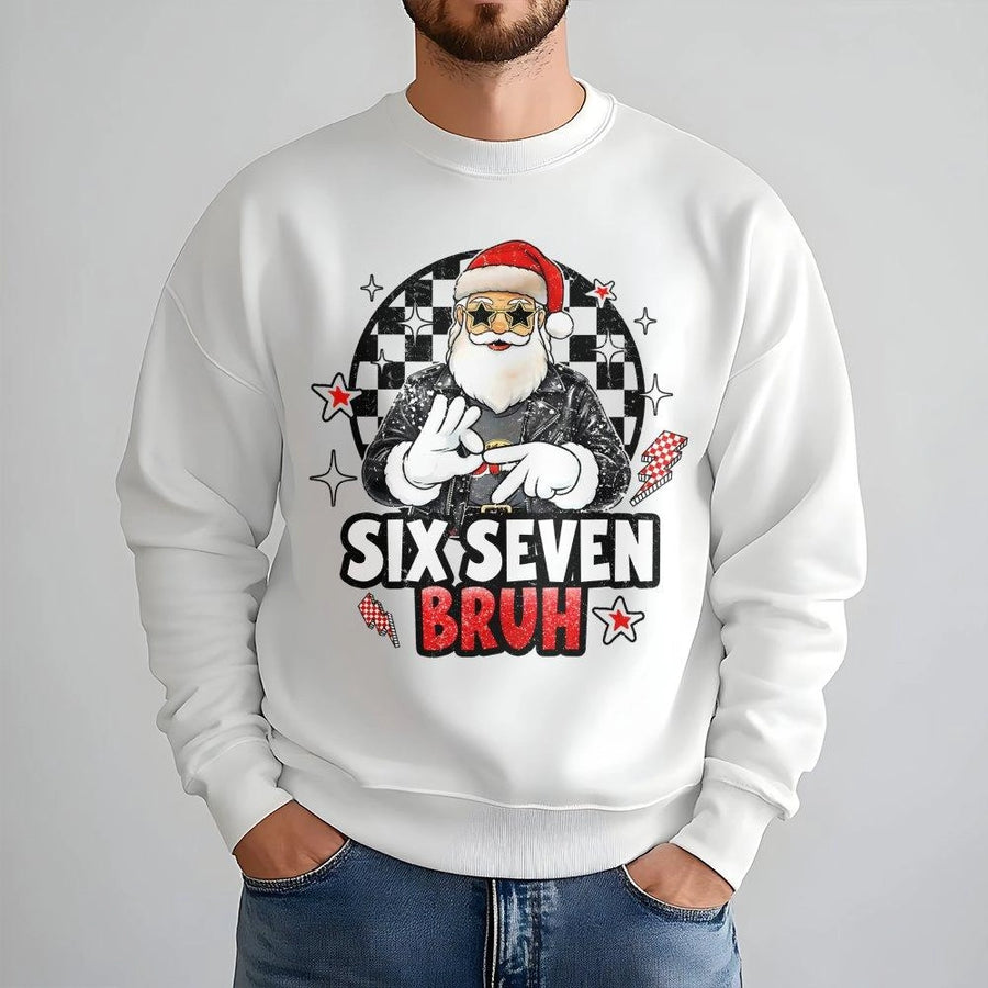 Six Seven Bruh Sweatshirt | Funny Retro Santa Graphic Tee | Premium Cotton Blend Crewneck | Viral Internet Humor Xmas Gift For Men And Women
