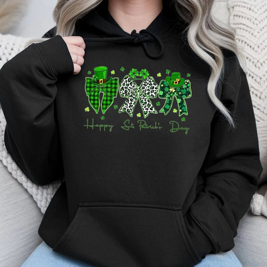 St. Patrick's Day Hoodie | Coquette Bow Shamrock Graphic | Premium Cotton Blend | Lucky Irish Festive Apparel Gift for Women