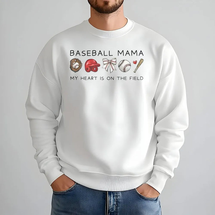 Baseball Mama Sweatshirt | My Heart Is On The Field Graphic | Premium Cotton Apparel | Game Day Gift for Baseball Mom