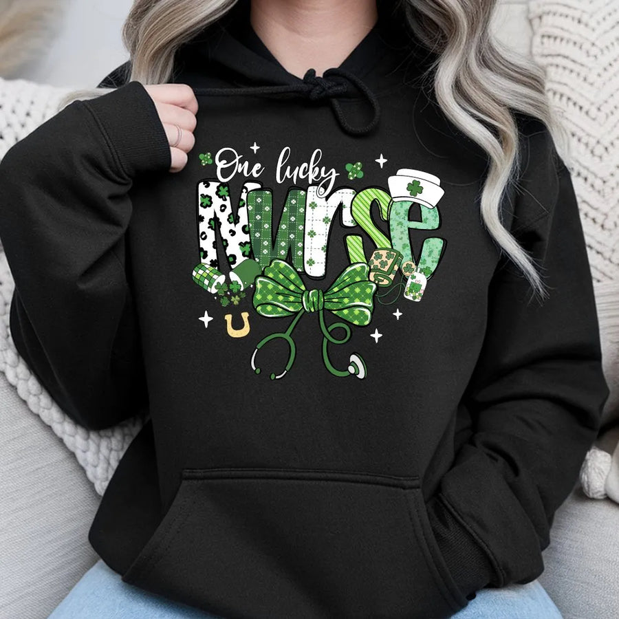 One Lucky Nurse Hoodie | St Patrick’s Day Irish Clover Stethoscope Design | Premium Cotton-Blend Pullover | Gift for Nurses RN LPN