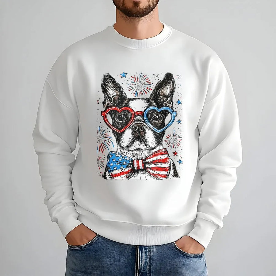 Patriotic Boston Terrier Sweatshirt | American Flag Bow Tie & Glasses Graphic | Soft Cotton Blend Pullover | 4th of July Gift for Dog Lover