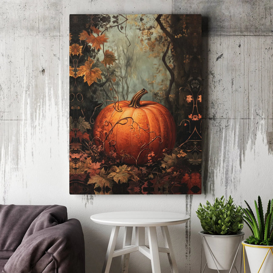 Autumn Pumpkin Wall Art | Moody Forest Oil Painting Style | Premium 1.25" Gallery Canvas | Fall Home Decor Gift for Harvest Season