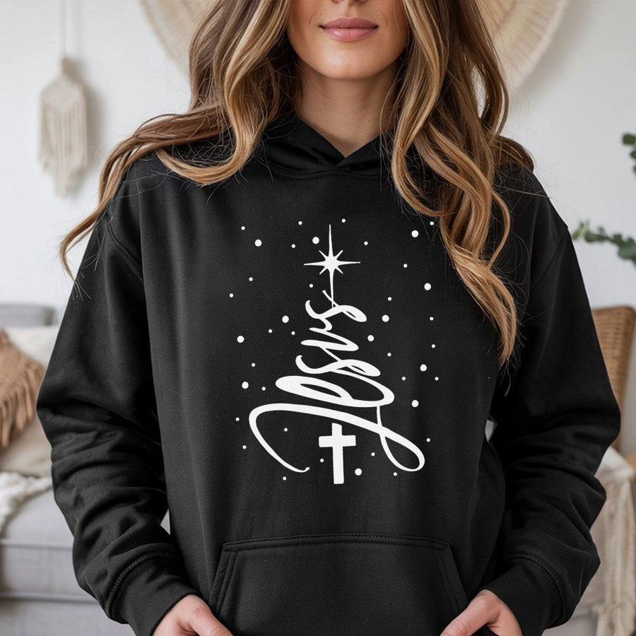 Jesus Christmas Tree Hoodie | Religious Holiday Graphic Sweatshirt | Premium Cotton Blend | Christian Faith Gift for Men & Women