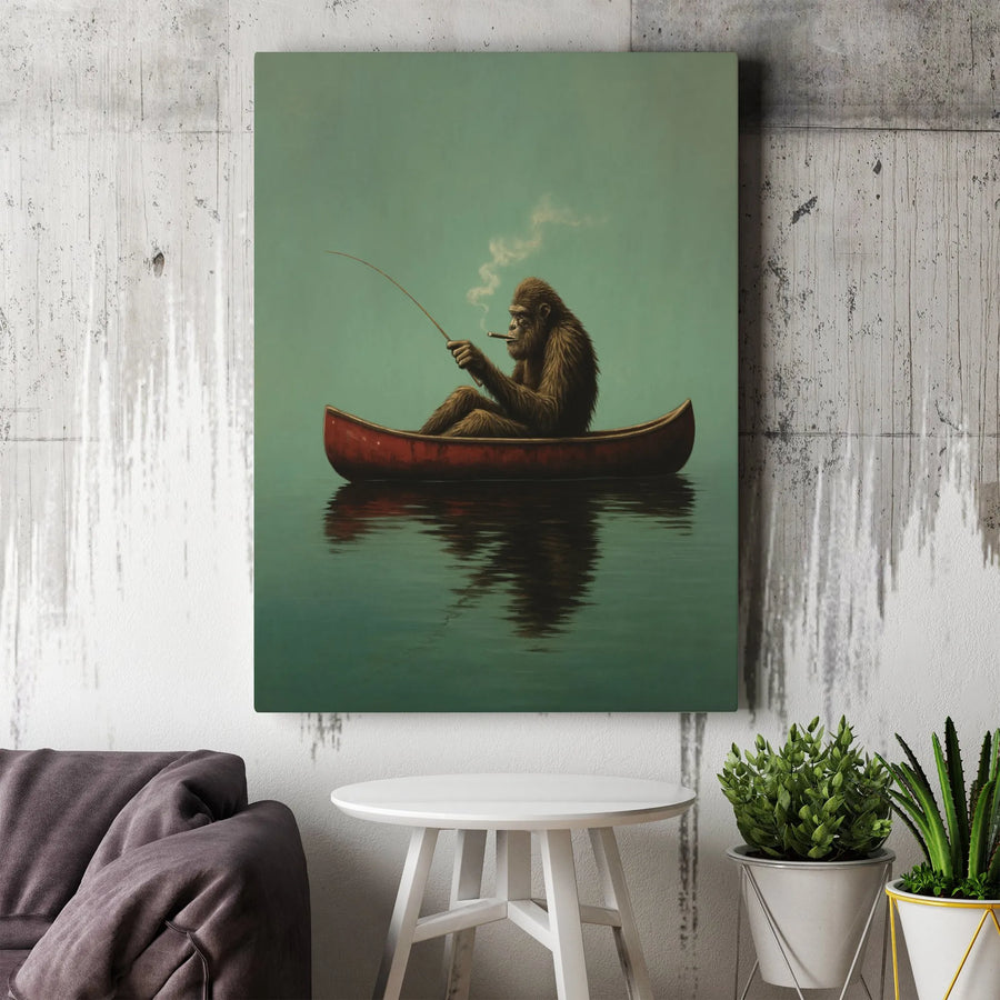 Bigfoot Fishing Wall Art | Funny Sasquatch Smoking Cigar in Red Canoe | Premium Gallery Wrap Canvas | Unique Cabin & Office Decor Gift