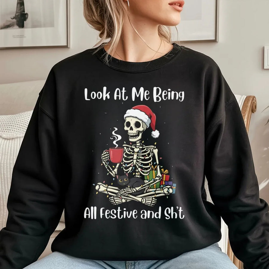 Funny Christmas Skeleton Sweatshirt | Festive Cat Lover Graphic Design | Premium Cotton Blend | Holiday Gift for Women and Men