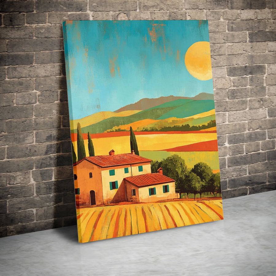 Tuscan Landscape Vertical Canvas | Modern Italian Villa Painting | Premium Frameless Print | Living Room Wall Decor Housewarming Gift