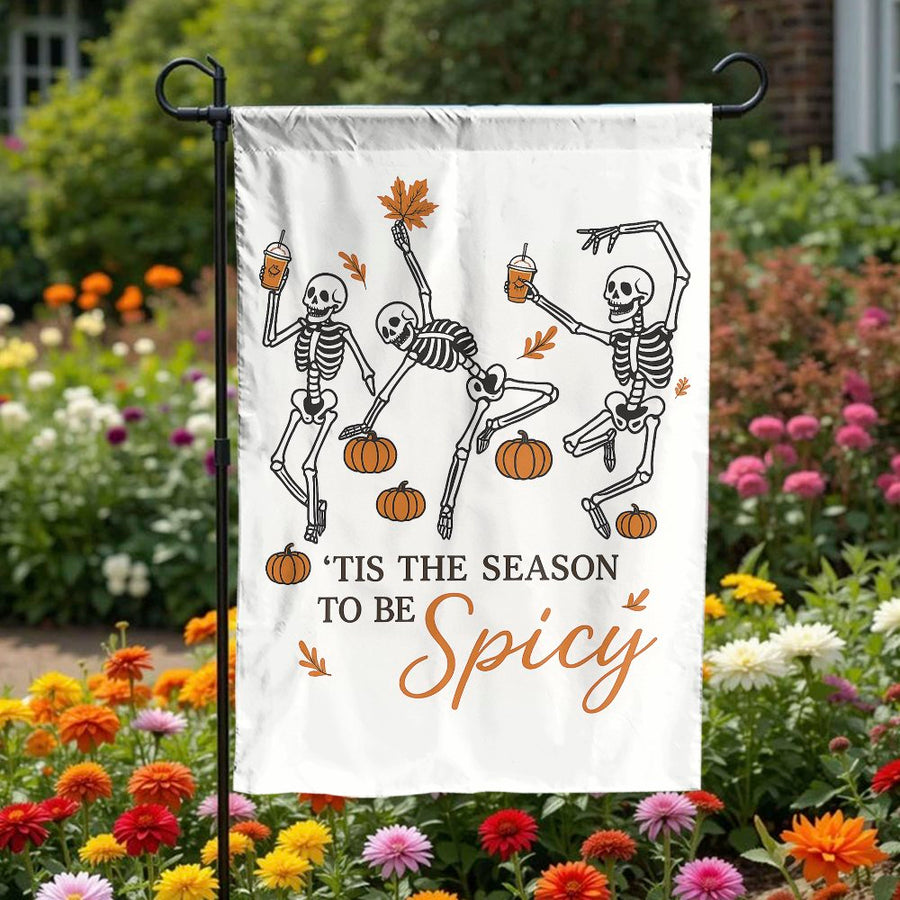 Dancing Skeletons Garden Flag | Pumpkin Spice Halloween Decor | Premium Weather-Resistant Polyester | Autumn Yard Gift for Fall Enthusiasts