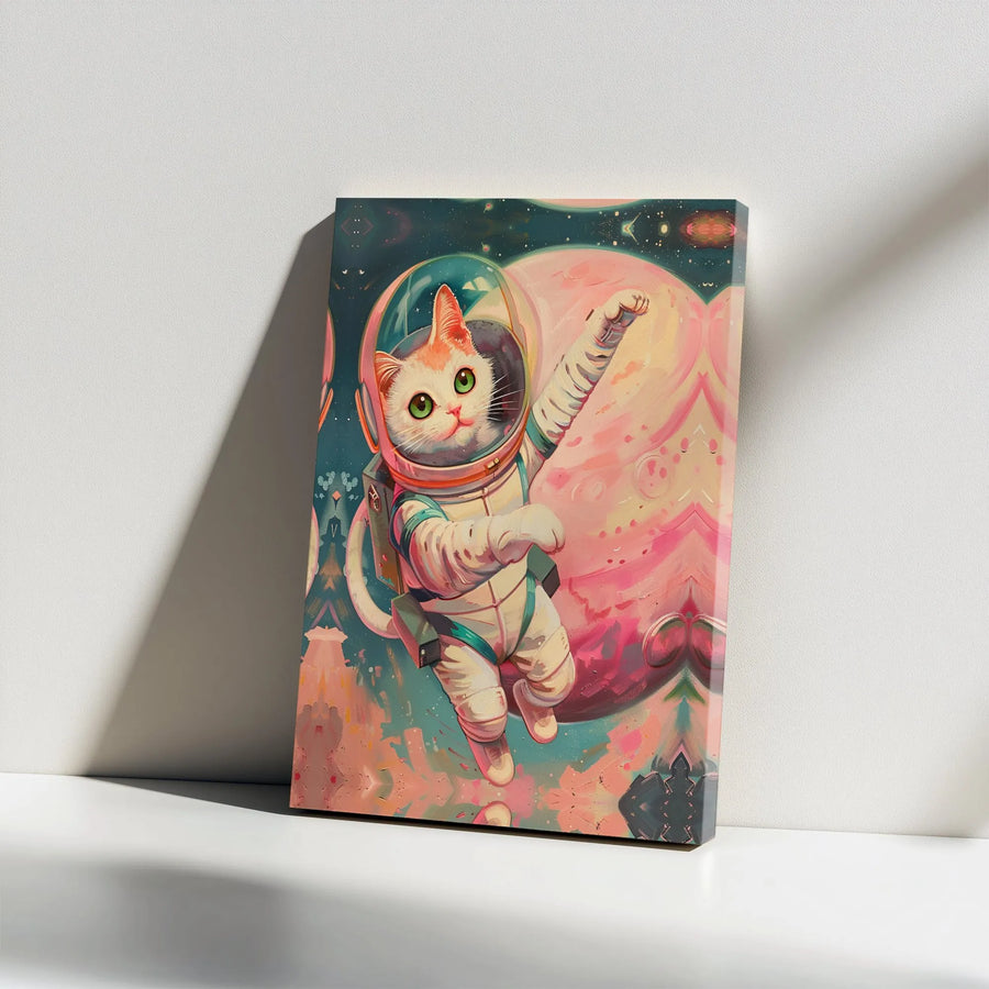 Astronaut Cat Canvas Wall Art | Whimsical Kitten in Spacesuit Painting | Premium Gallery Wrapped Canvas | Nursery Decor Funny Cat Lover Gift