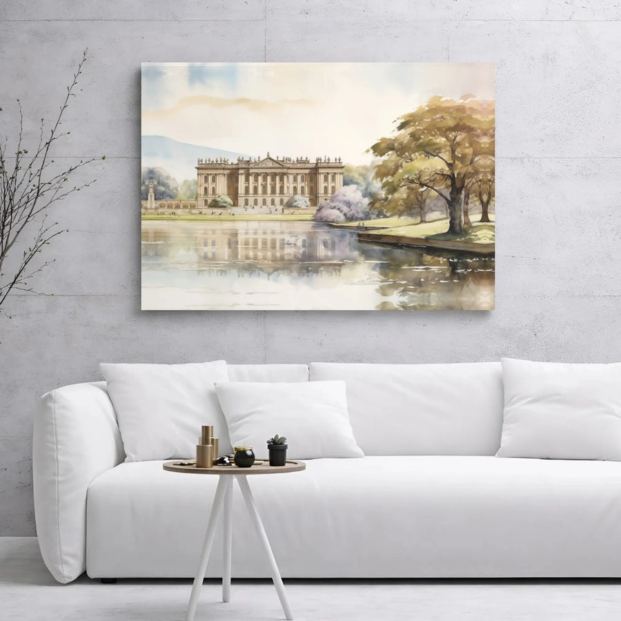Stately Manor Landscape Canvas | Watercolor Lakeside Architecture Print | 1.25 Inch Gallery Wrap | Elegant Home Decor Wall Art
