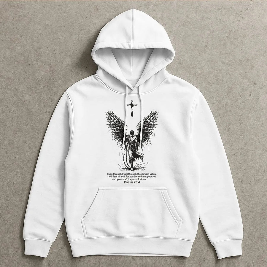 Psalm 23:4 Christian Hoodie | Angelic Warrior Cross Design | Premium Cotton Blend | Faith-Inspired Gift for Men and Women