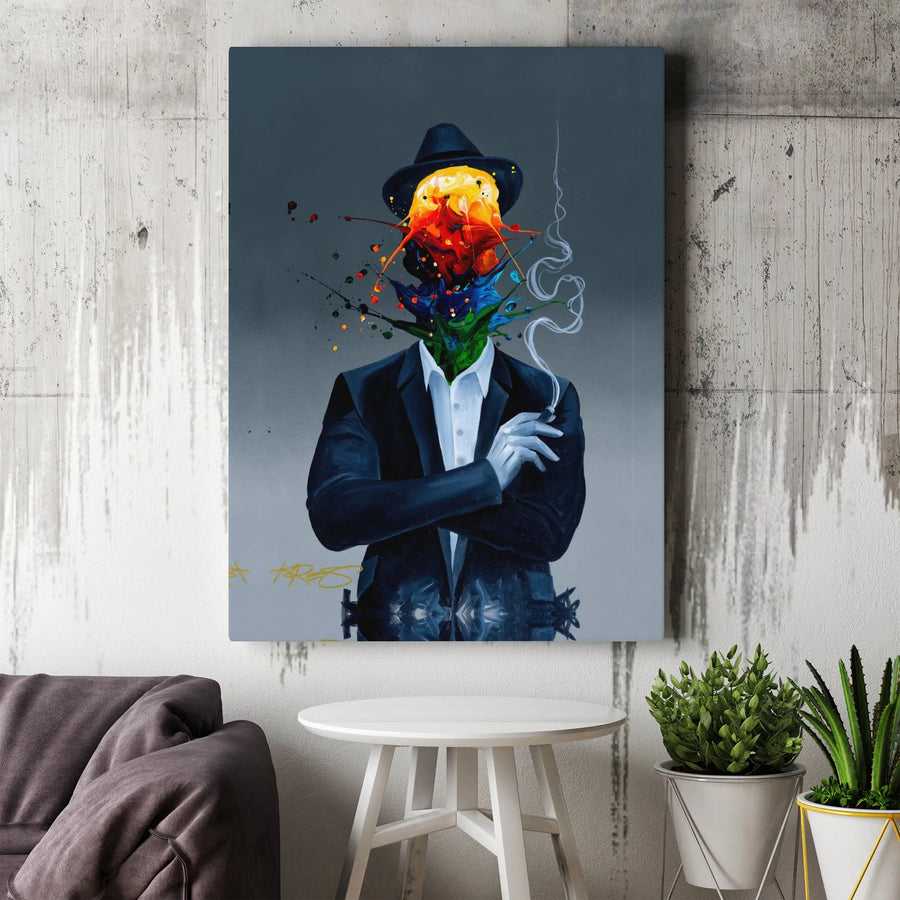 Abstract Man In Suit Canvas Print | Colorful Paint Splash Fedora Design | Premium 1.25" Gallery Wrap | Modern Office Decor Wall Art