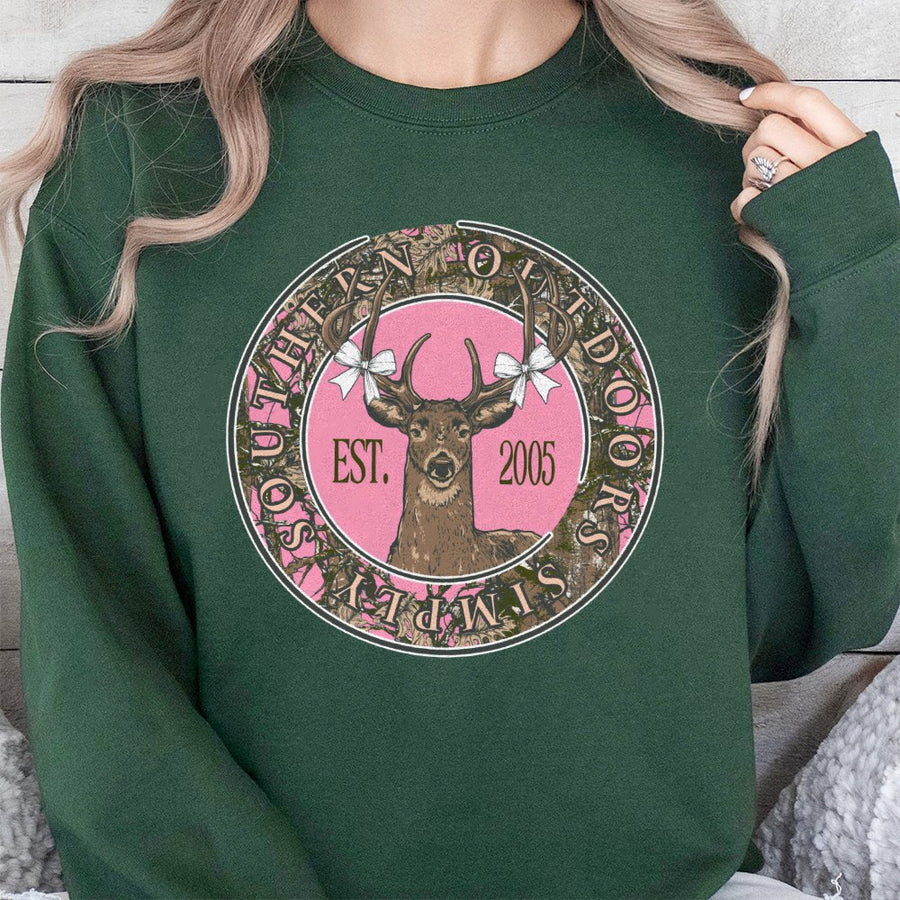 Deer Hunting Sweatshirt | Pink Camo Bow Graphic | Cotton Polyester Blend | Country Style Gift for Women and Outdoors Enthusiasts