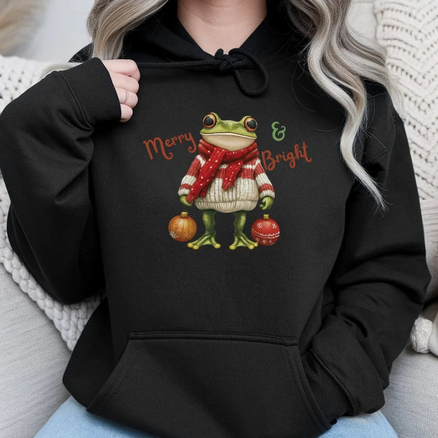 Christmas Frog Hoodie | Merry and Bright Holiday Sweater Design | Premium Cotton Blend | Cute Animal Graphic Gift for Men and Women