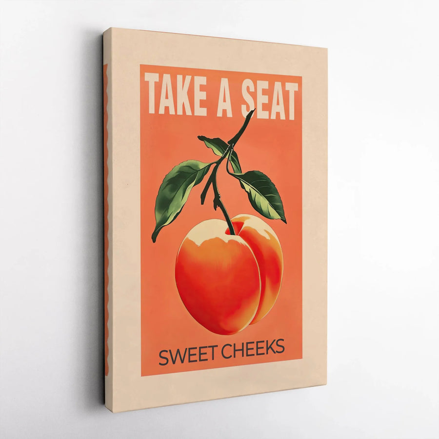 Take A Seat Sweet Cheeks Wall Art | Retro Peach Illustration Print | Premium Gallery Wrap Canvas | Funny Bathroom Decor for Home Office