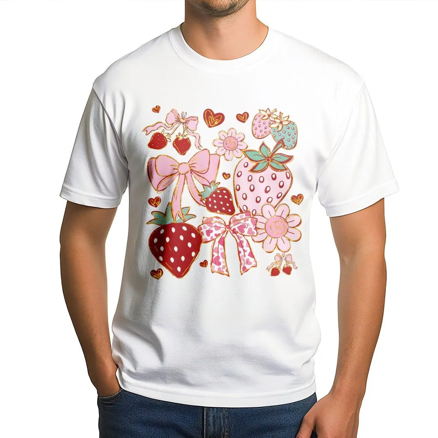 Strawberry Coquette T-Shirt | Pink Bow Floral Cottagecore Graphic | Premium 100% Cotton Tee | Aesthetic Summer Gift For Women And Girls