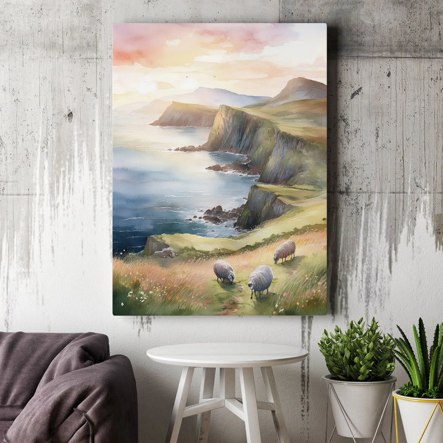 Coastal Sheep Painting Canvas | Watercolor Irish Landscape Art | Gallery-Quality 1.25 Inch Thick Profile | Scenic Nature Wall Decor for Home