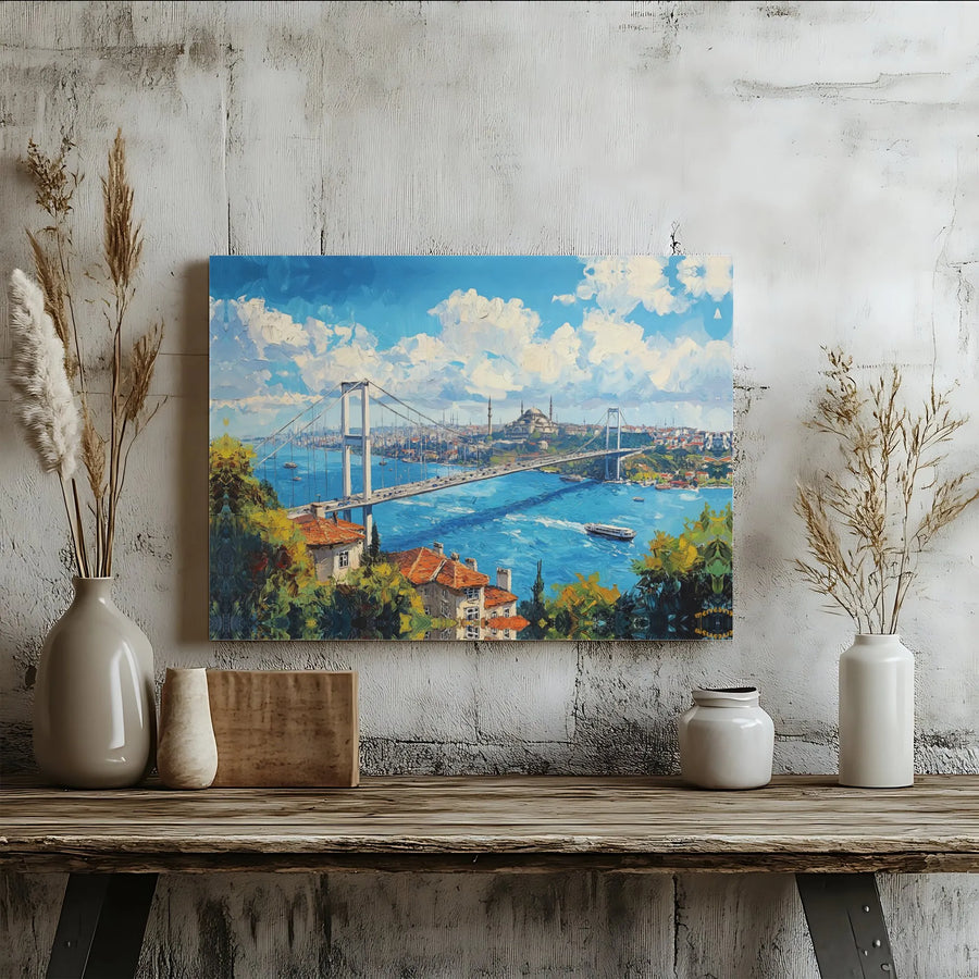 Istanbul Bosphorus Bridge Canvas Wall Art | Vibrant Impressionist Cityscape Painting | Premium Gallery Wrapped Canvas | Turkish Home Decor Gift for Traveler