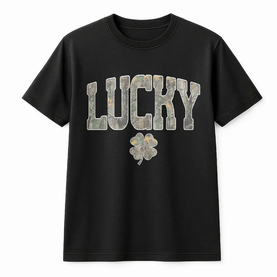 Lucky Shamrock T-Shirt | Camo Print St Patricks Day Shirt | 100% Cotton Premium Tee | Western Style Irish Gift for Women and Men