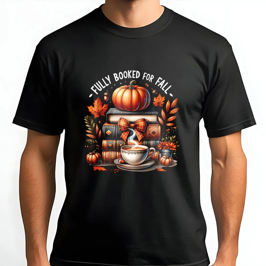 Fully Booked For Fall T-Shirt | Pumpkin Books and Coffee Graphic | Soft Cotton Autumn Apparel | Cozy Reading Gift for Book Lovers
