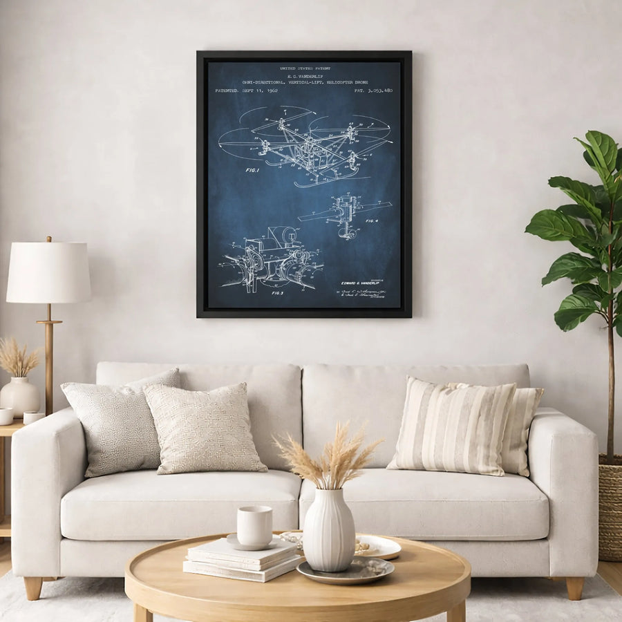 Helicopter Drone Patent Wall Art | 1962 Blueprint Technical Drawing | Premium Gallery Canvas | Aviation Gift for Pilots & Engineering Students