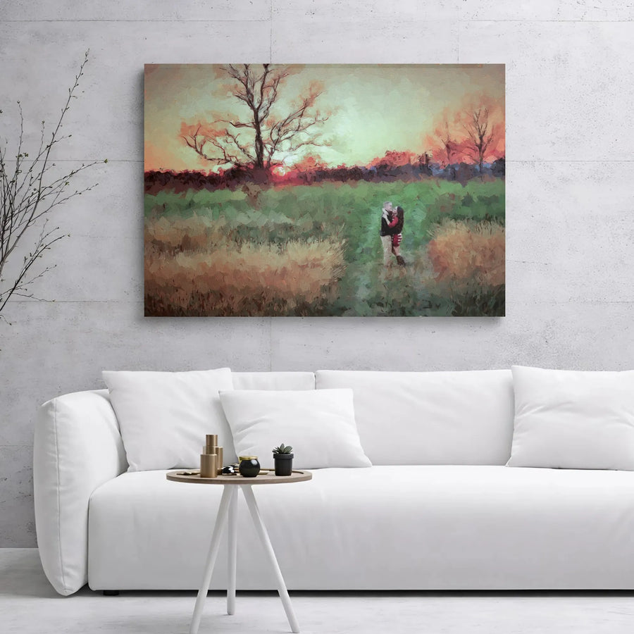 Romantic Couple Canvas Wall Art | Impressionist Sunset Field Painting | Premium Gallery Wrapped Decor | Anniversary Gift for Couples