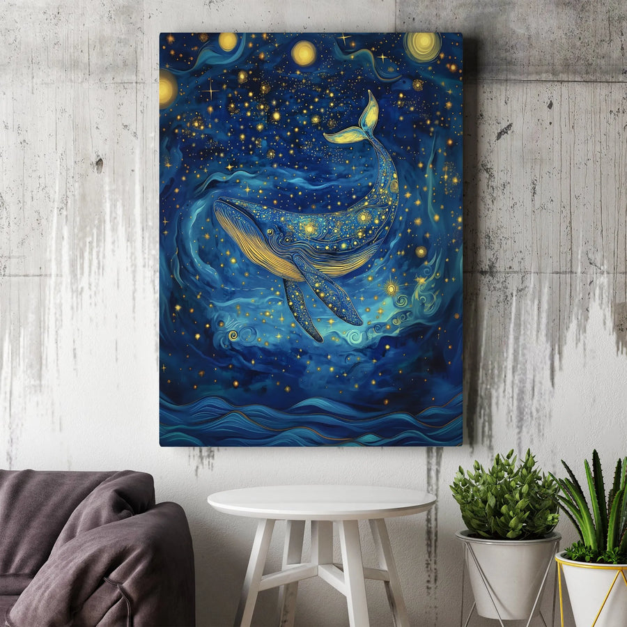 Celestial Whale Vertical Canvas | Dreamy Cosmic Ocean Illustration | Premium High-Resolution Print | Modern Living Room Wall Art Gift