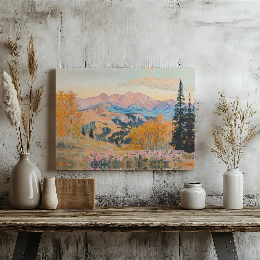 Mountain Landscape Canvas Print | Impressionist Golden Aspen Forest Art | Premium Gallery Wrapped Wall Decor | Nature-Inspired Home Gift