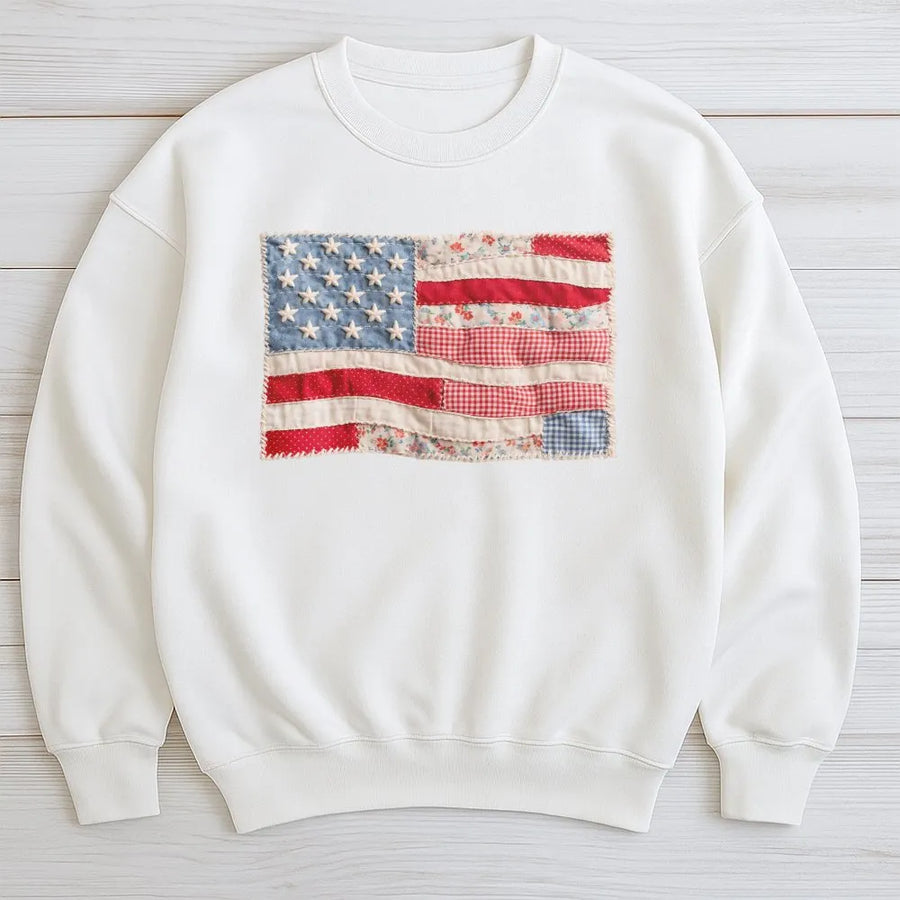 American Flag Sweatshirt | Vintage Quilt Style Patchwork Print | Soft Unisex Crewneck | Patriotic Fourth of July Gift