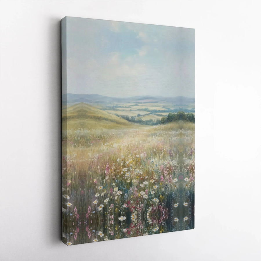 Wildflower Meadow Landscape Canvas | Impressionist Rolling Hills Wall Art | Premium Gallery-Wrapped Print | Nature Decor For Home Or Office