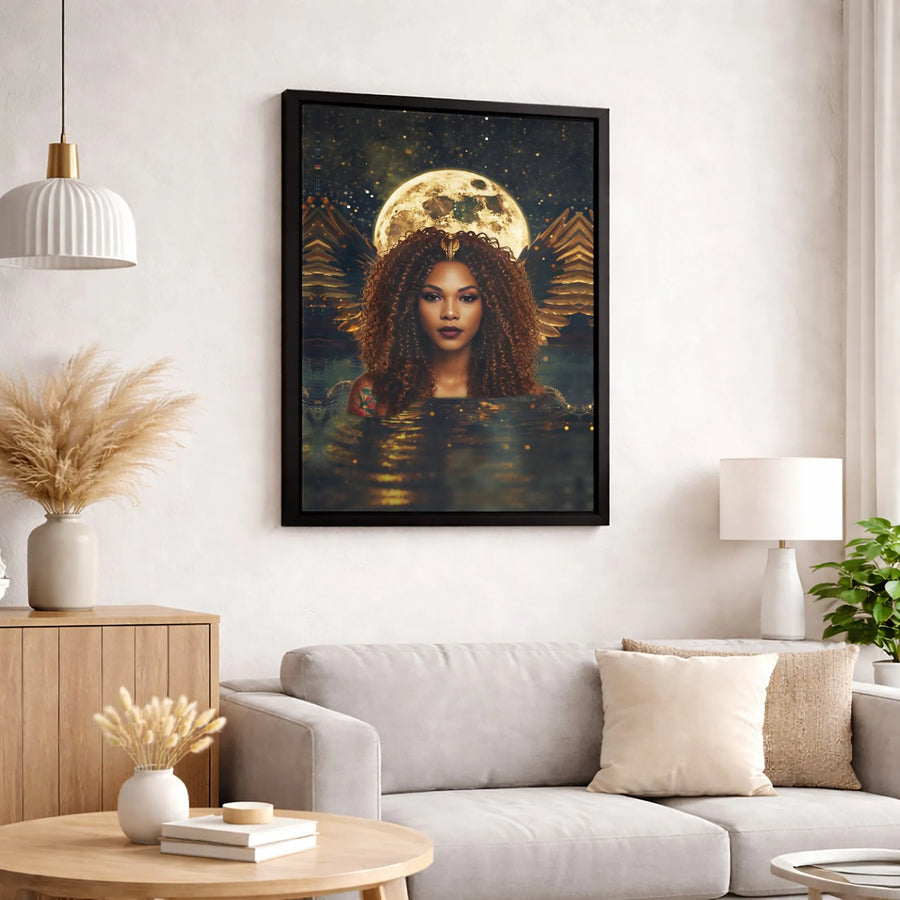 African American Goddess Canvas Art | Celestial Egyptian Queen with Full Moon | Premium Gallery-Wrapped Print | Spiritual Home Decor Wall Art