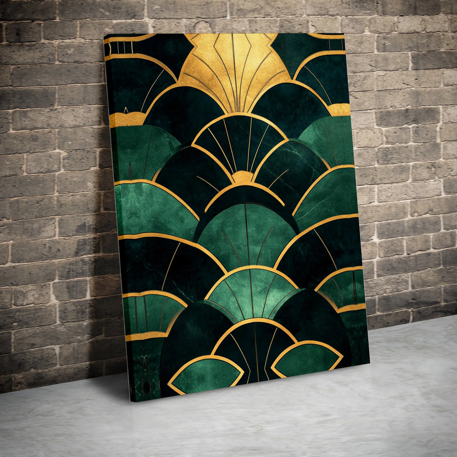 Art Deco Geometric Canvas | Emerald Green and Gold Fan Pattern | Premium Gallery-Wrapped Print | Elegant Home Office Wall Decor