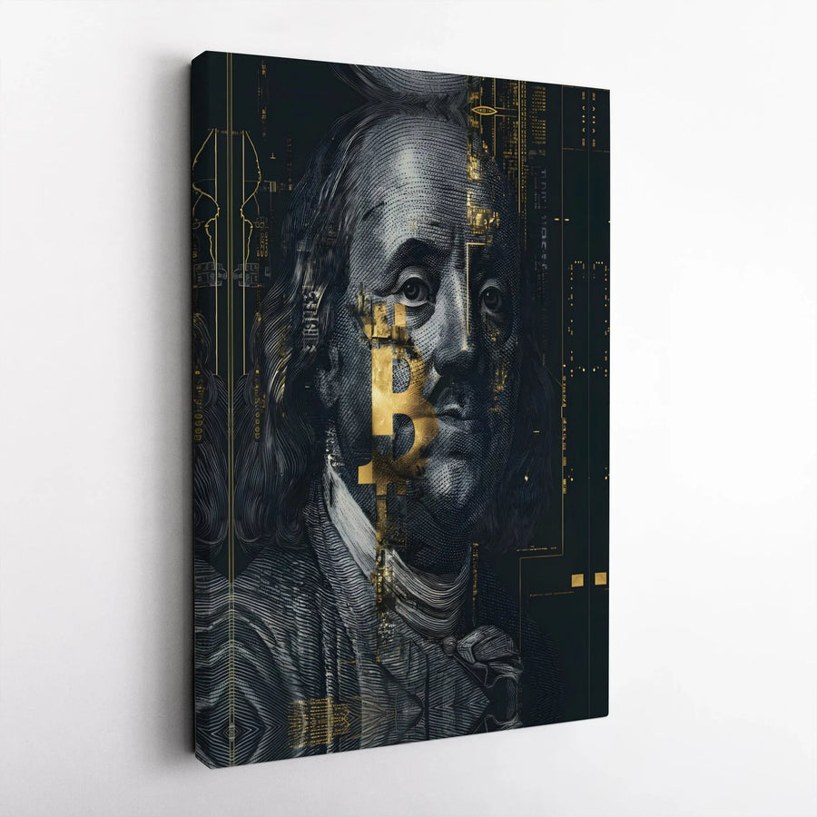 Bitcoin Benjamin Franklin Wall Art | Gold Crypto Tech Design | Premium 1.25-Inch Gallery Canvas | Modern Office Decor for Investors