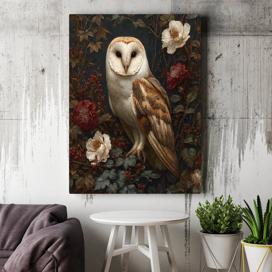 Barn Owl Canvas Wall Art | Moody Botanical Floral and Berry Print | Premium Gallery-Wrapped 1.25" Profile | Nature Lover Home Decor Gift