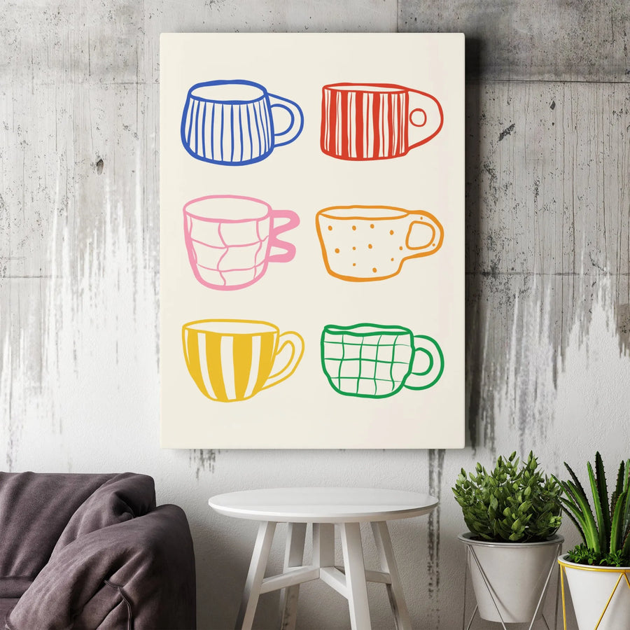 Colorful Coffee Mug Wall Art | Hand-Drawn Doodle Pattern Print | 1.25" Premium Gallery Wrapped Canvas | Kitchen Decor Gift for Coffee Lovers