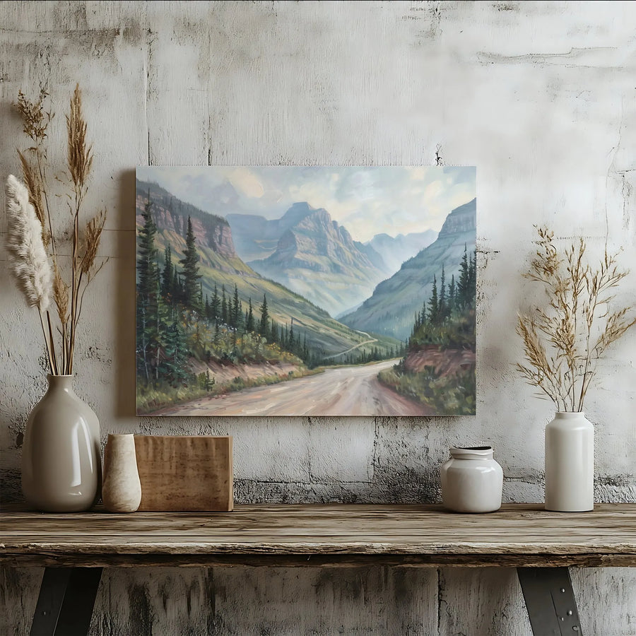 Mountain Valley Landscape Canvas Print | Winding Road Oil Painting Style | 1.25" Gallery Wrap Premium Art | Rustic Nature Home Decor Gift